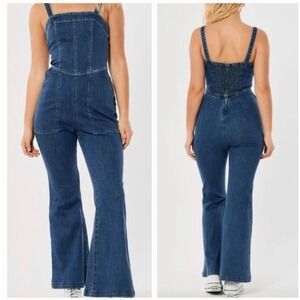 Hollister Womens Y2K Blue Denim Flare Leg Corset Jumpsuit Romper Size Small